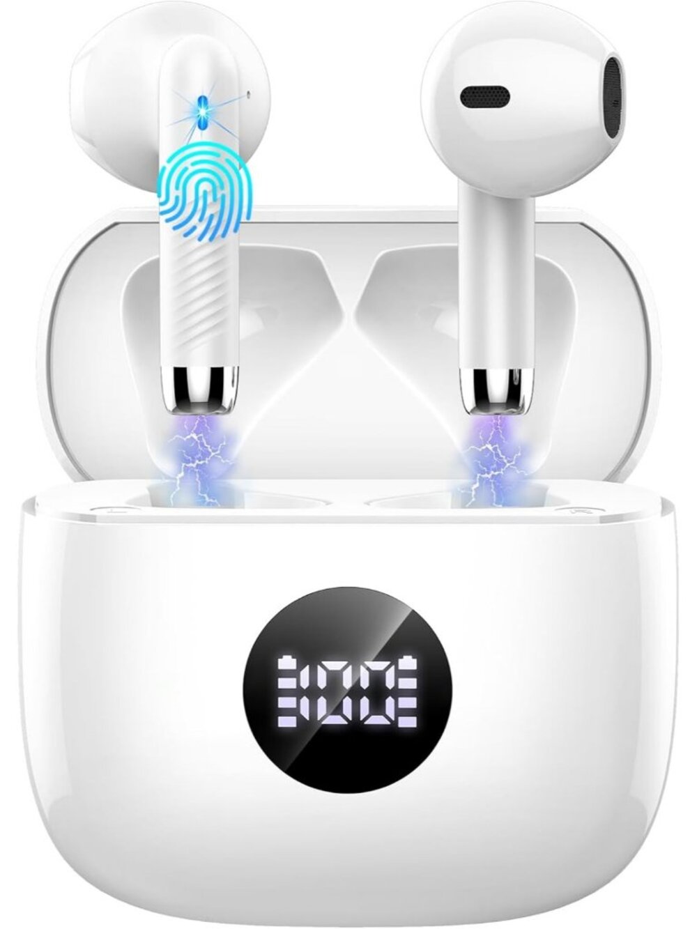 Wireless Cream White LED Power Display Bass Stereo 40H Playback Bluetooth Earbud
